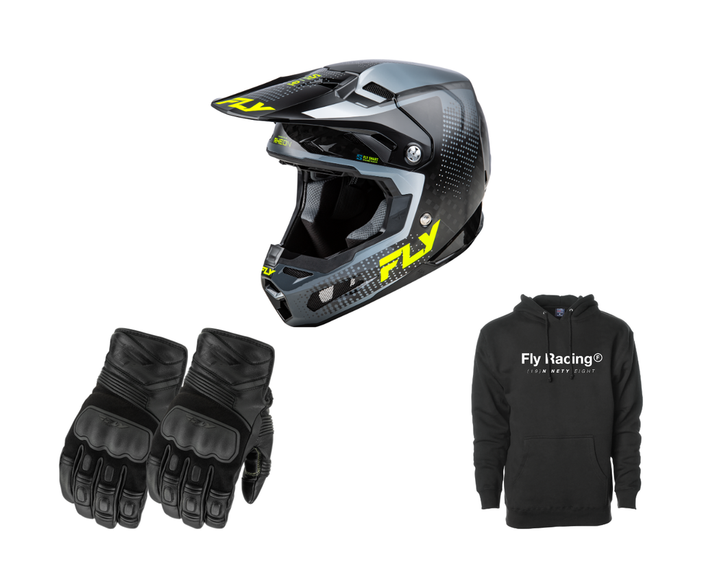 Fly Racing Formula S Carbon Protocol Helmet, Surveyor Gloves & Trademark Hoodie