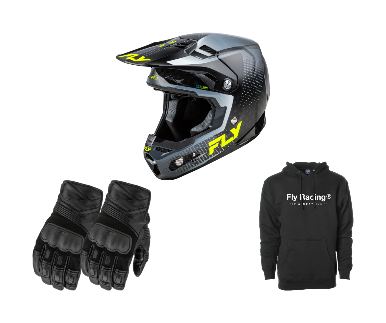 Fly Racing Formula S Carbon Protocol Helmet, Surveyor Gloves & Trademark Hoodie