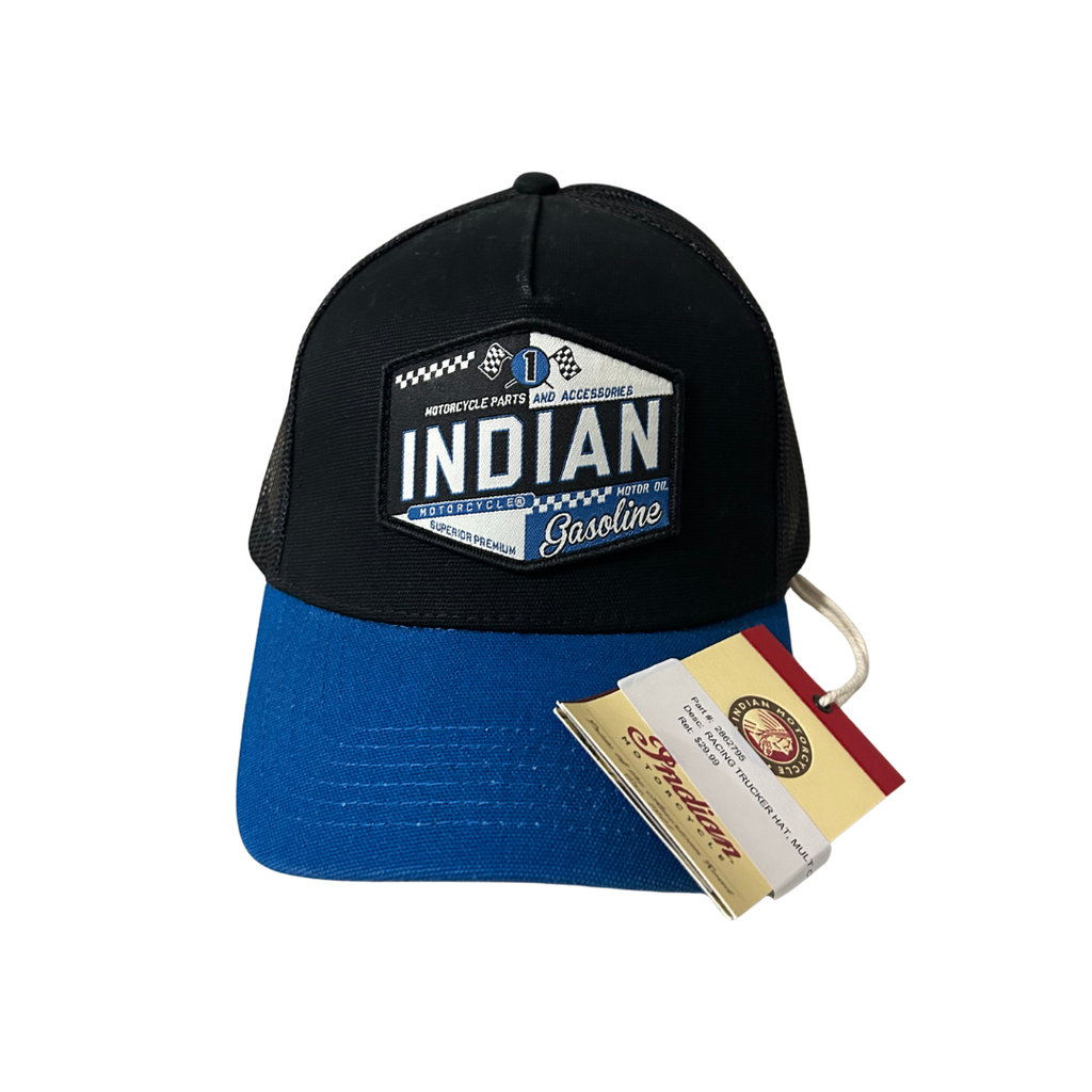 Indian Motorcycle Racing Trucker Hat Black Blue