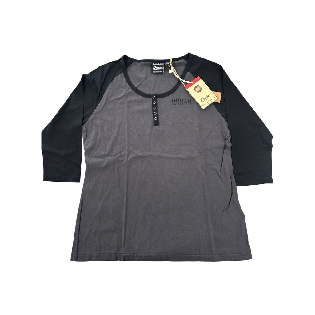Indian Motorcycle Women’s Quarter Sleeve Henley T-Shirt – Charcoal/Black