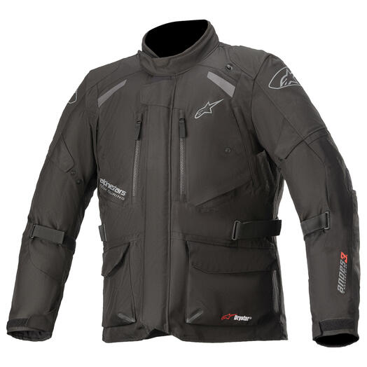 Black motorcycle jacket with brand logos on a white background
