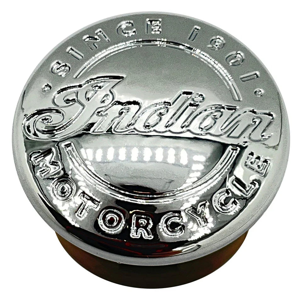 Indian Motorcycle Decal End Cap for Specific Chief Vintage, Chieftain Dark Horse, Roadmaster Classic, Springfield Models and More, OEM Motorcycle Parts, Chrome With Script Logo | 5450948-156