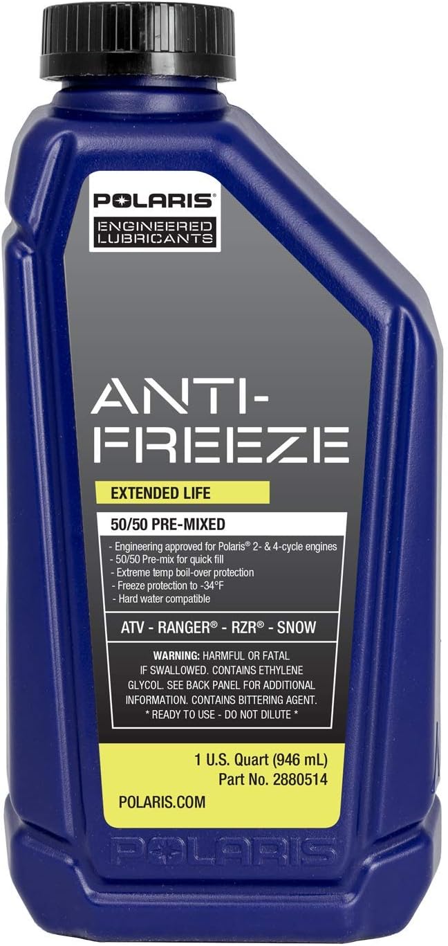 Polaris Antifreeze Coolant 50/50 Premix Extended Life for Snowmobile Off Road Aluminum Cooling Systems, Compatible With 2 & 4 Stroke Engine, Boil Over & Freeze Protection, 1 Quart | 2880514