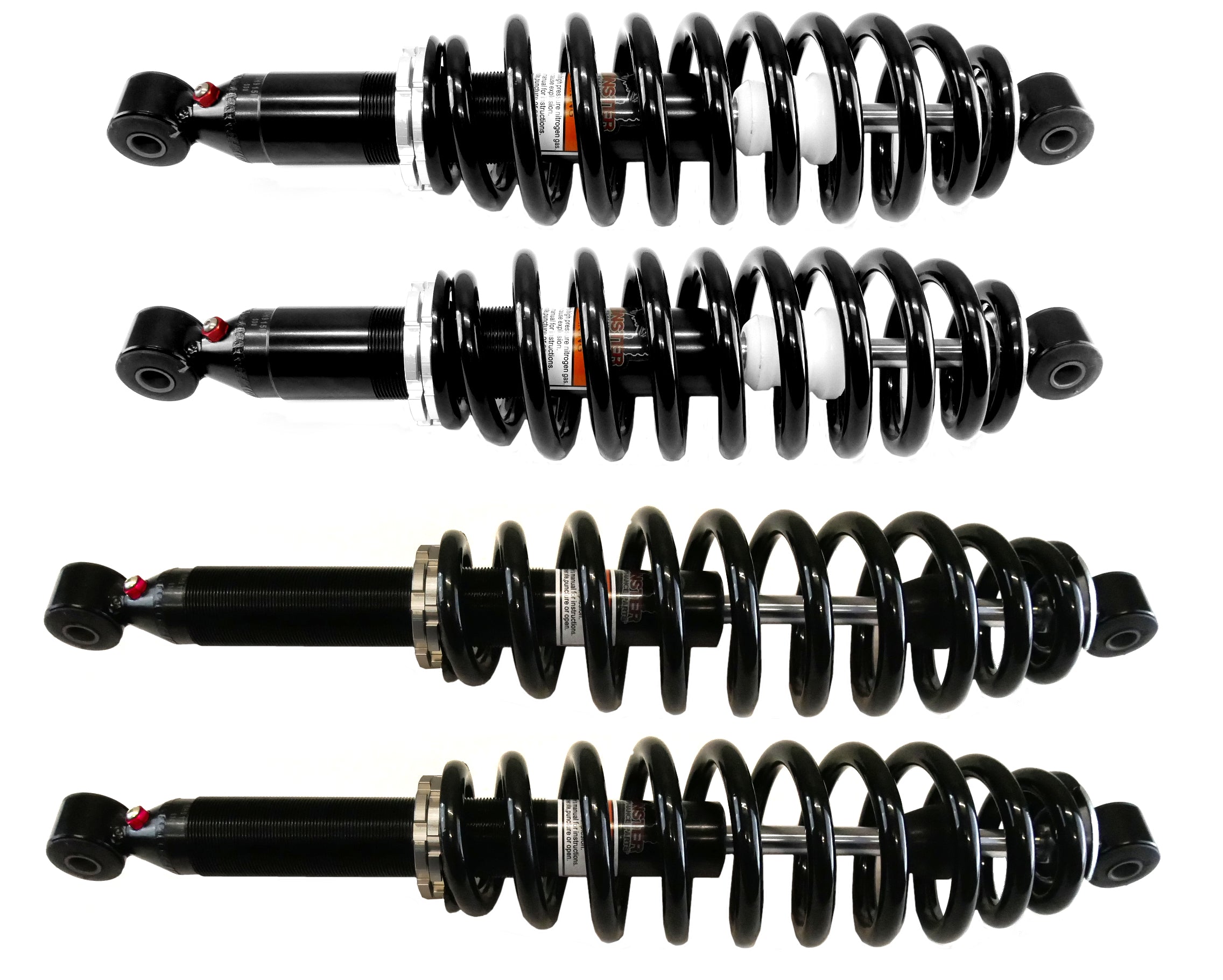 Monster Full Shock Set for John Deere AUC12197 AUC12198, Front & Rear, XUV Gator 590, Monotube, Responsive Handling, Quality Tested, Gas-charged, Anti-foam, Anti-shear, Adjustable